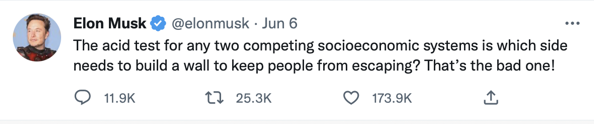 The acid test for any two competing socioeconomic systems is which side needs to build a wall to keep people from escaping? That’s the bad one!